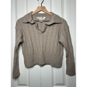 Max Studio Cable Knit Polo Sweater Size L Beige Extrafine Merino Wool V-Neck